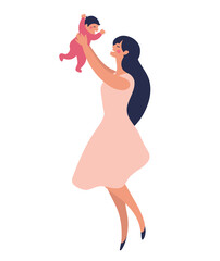 A young mother stands and plays with her child in her arms. Happy mom laughs and plays with her daughter or son. Flat vector cartoon illustration for design