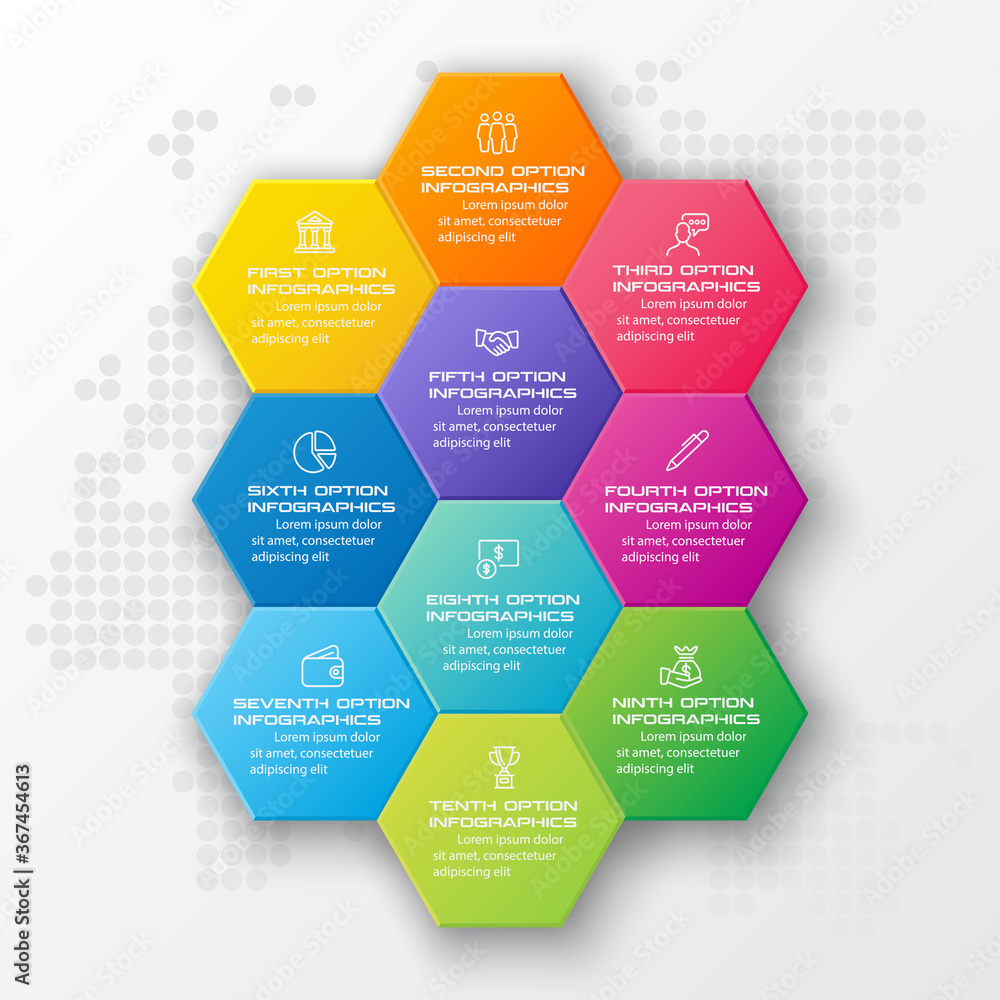 Poster abstract business infographics template with 10 hexagon in white color background
