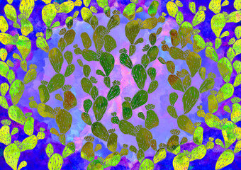 Fototapeta na wymiar サボテンの背景素材　水彩　多肉植物　レトロ　派手