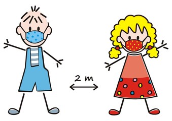 Two little kids, keep safe distance two meters, funny vector illustration