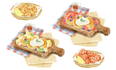 パンケーキと揚げ物水彩手描きイラスト