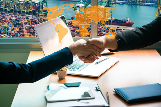 businessman  and woman hand check for commit business agreement with logistics container cargo shipyard background. a global commerce and transportation business or logistics concept