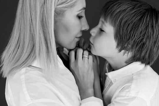 Mother and son. Black and white photo. High quality photo