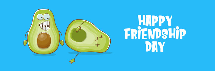 Happy friendship day cartoon comic horizontal banner with two funky avocado friends and cartoon sun isolated on blue background. Friendship day funky greeting card or party flyer. BFF concept