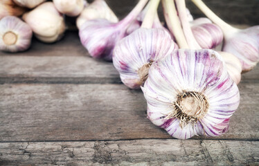 Close up picture of fresh organic garlic on a wooden table, selective focus.