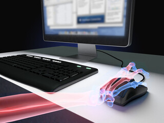 Carpal Tunnel Syndrome,Skeletons and computer, Arms bones on Office working table, Concept for chiropractic adjustment, 3D illustration.