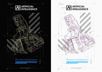 Robot with artificial intelligence working with virtual interface. Big data. AI concept. Robot face. Cyber mind. Technology background concept with HUD elements.