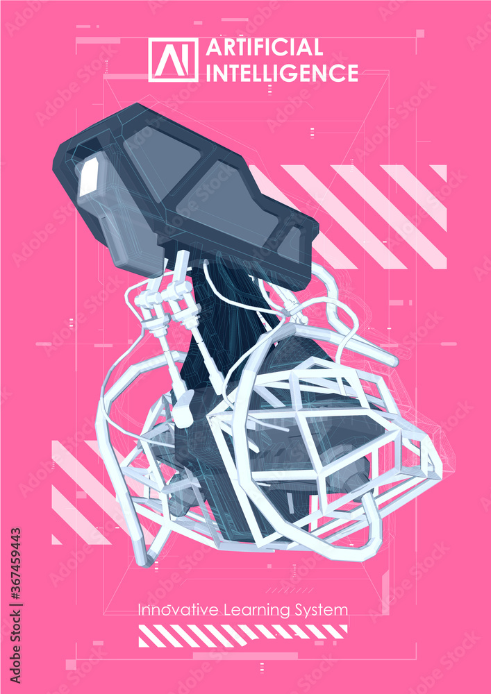 Fototapete Robot with artificial intelligence working with virtual interface. Big data. AI concept. Robot face. Cyber mind. Technology background concept with HUD elements.