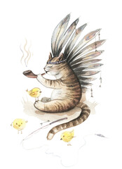 Indian Cat. Cat Indian sitting and smoking a pipe. Indian cat friends with birds. Watercolor illustration on white background. 