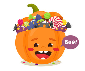 Cheerful Halloween pumpkin filled with sweets. Vector illustration in flat cartoon style. Happy Halloween.