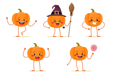 Set of cute pumpkins for Halloween. Happy Halloween. Vector isolates in flat cartoon style.