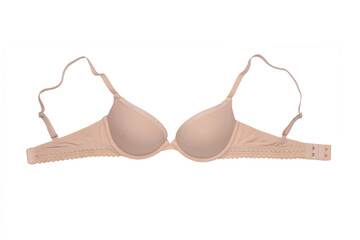 Underwear woman isolated. Close-up of beige or flesh-colored bra isolated on a white background. Useful for wearing under bright or transparent dresses. Underwear fashion.