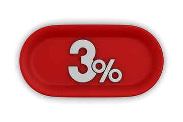 Button with three percent on white background. Isolated 3D illustration