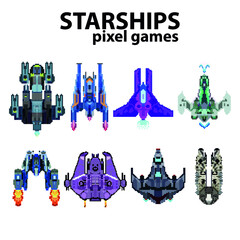 Set of starships from pixels, 8-bit game isolated on white background. Vector