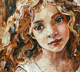 Smiley little girl with curly hair. Created in the expressive manner, palette knife technique of oil painting and brush.