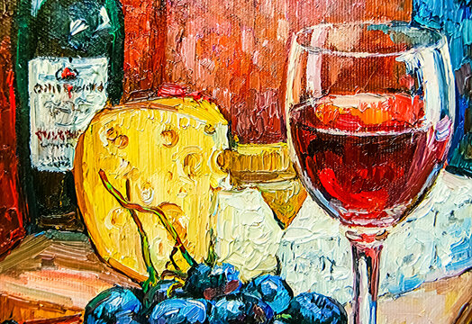 Mediterranean motifs. Still life in saturated bright colors, where red wine, cheese and vine grape are depicted by expressive paint strokes. Oil painting on canvas.