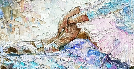 Ballet pointe shoes on the feet of a young ballerina. Background created in light colors. Palette knife technique of oil painting and brush.       