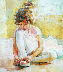 Pensive little curly girl on a yellow background, painted in an expressive manner. Palette knife technique of oil painting and brush.