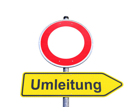 3d Illustration - Verkehrsschild - Verbot für Fahrzeuge aller Art - Umleitung - Rechts - Freisteller - Freigestellt