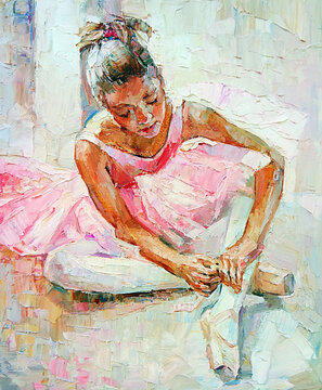 A young girl, little ballerina, in a bright saturated pink color ballet tutu, is sitting and tying pointe on foot. Palette knife technique of oil painting and brush.