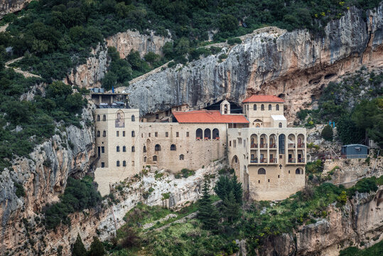 Distance view of the monastery of Our Lady of Hamatoura near Kousba village in Lebanon