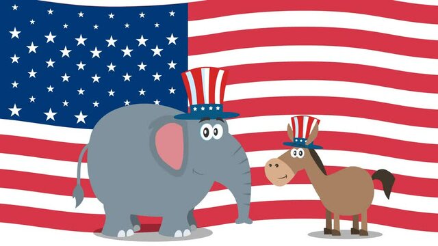 Political Elephant Republican And Donkey Democrat Over USA Flag. 4K Animation Video Motion Graphics Without Background