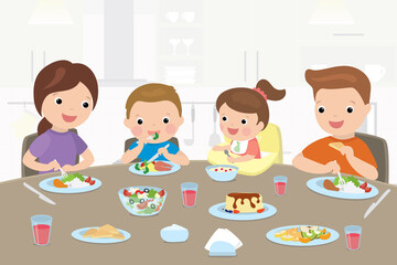 Happy family eats at the table. Kitchen interior on background. Cartoon Parents with children have breakfast.