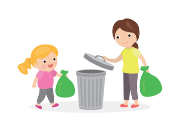 Happy Mother and daughter throw out the garbage. Cartoon open trash can and people holding garbage bags.