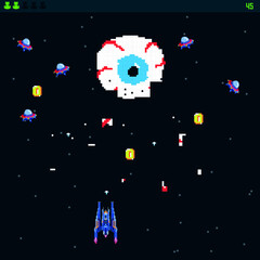 Boss battle in retro video games. military ships arcade, shooting, map background, vector graphic design illustration. 16 bit, 8 bit. Space Battles under the stars. Old computer games. Vector