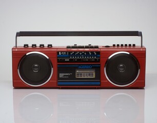 Vintage red boom box on white background with reflection