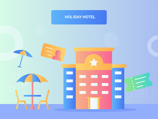 Facade building hotel one star nearby umbrella chair ticket identity concept holiday hotel with flat style