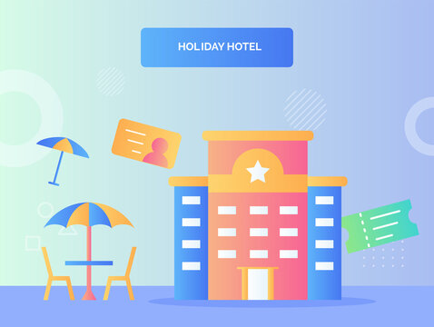 Facade building hotel one star nearby umbrella chair ticket identity concept holiday hotel with flat style
