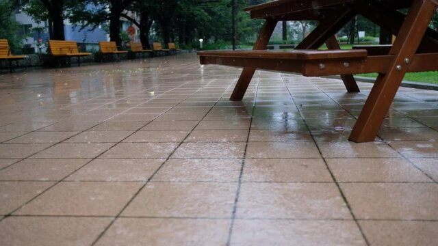 雨降りのなかの公園ベンチ　4k映像