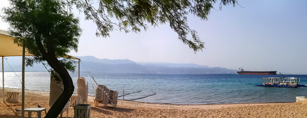 Morning panoramic view at sandy beach of the Red Sea, Middle East