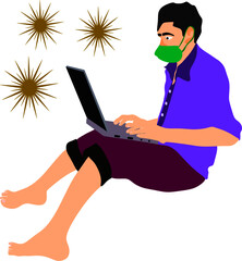 An indian man cartoon wearing facemask for coronavirus protection while working on laptop.