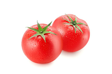 Pair of ripe red tomatoes covered with water drops isolated on white background for advertising