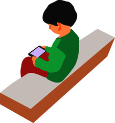 An indian village kid cartoon watching mobile on isolated background, seating at stone table.