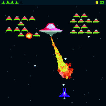 Boss battle in retro video games. military ships arcade, shooting, map background, vector graphic design illustration. 16 bit, 8 bit. Space Battles under the stars. Old computer games. Vector