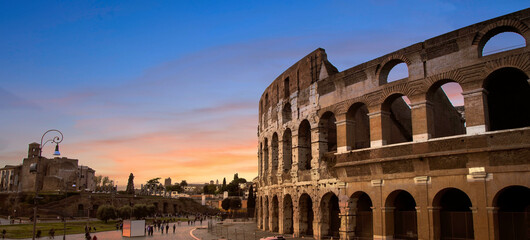 Panoramic of Coliseum or Flavian Amphitheatre (Amphitheatrum Flavium or Colosseo), Rome, Italy.