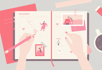 A girl's hand is lovingly decorating the diary. flat design style minimal vector illustration.