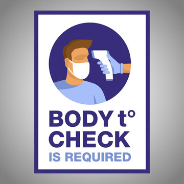 Body Temperature Check Is Required Sign - Temperature Meter In Hand And Abstract Human In Face Mask - Attention Warning Sticker