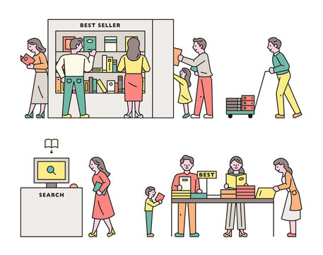Many customers in bookstore. flat design style minimal vector illustration.