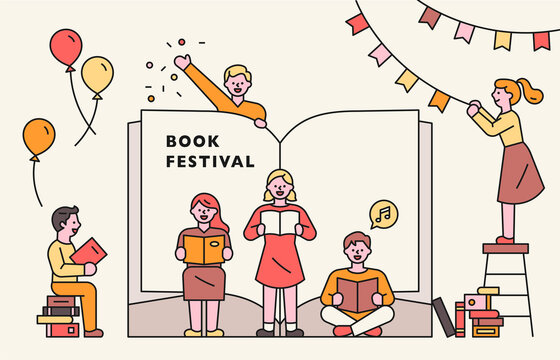 Book festival poster. People are reading books in front of large books, and some are decorating poster around them. flat design style minimal vector illustration.