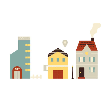 Simple buildings on a small town street. flat design style minimal vector illustration.