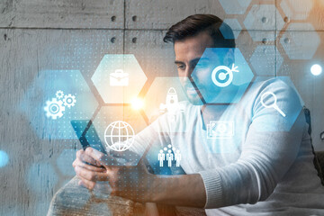 A man typing mobile phone. Double exposure. business research symbol hologram.