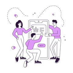 Modern friends buying goods from basket in online shop