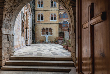 Main courtyard of Maronite Order Monastery of Qozhaya deticated to St Antohny the Great, located in Qadisha Valley in Lebanon