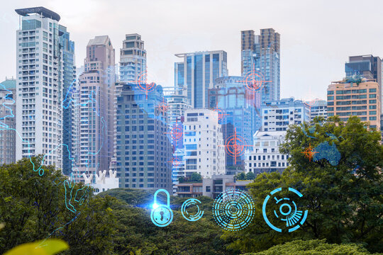 World planet Earth map hologram over panorama city view of Bangkok, Asia. The concept of international connections and business. Multi Exposure.