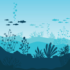 Undersea world. Underwater ocean fauna with coral reef, seaweed, plants and fishes silhouettes. Undersea panorama vector illustration. Beautiful marine ecosystem and wildlife on bottom in blue ocean.