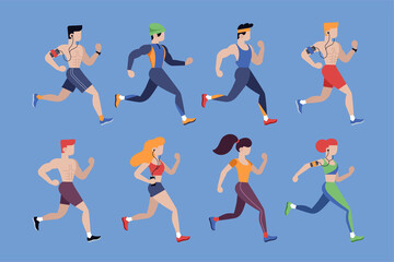 Running people. Jogging men and women in sportswear isolated characters set in flat style. Athletic and healthy lifestyle vector illustration. Outdoor activity, marathon running and sport competition